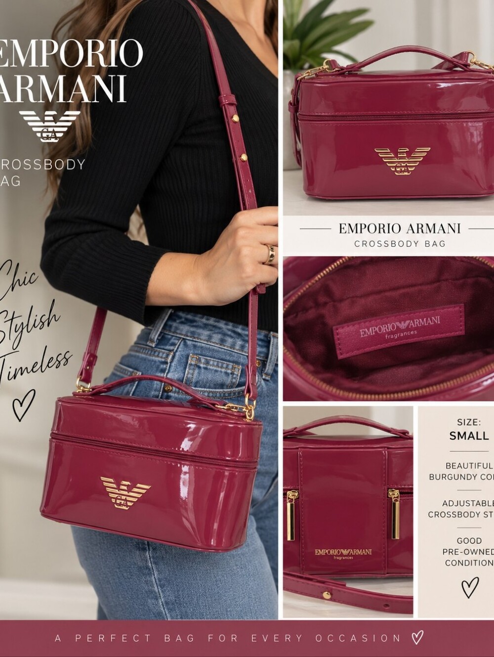 Emporio Armani Burgundy Patent Cosmetics Case Crossbody